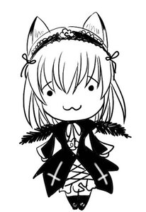 Rating: Safe Score: 0 Tags: 1girl animal_ears blush chibi closed_mouth feathered_wings full_body greyscale hairband image monochrome simple_background solo standing striped suigintou thighhighs white_background wings User: admin