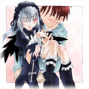 Rating: Safe Score: 0 Tags: 1boy 1girl black_wings blush carrying dress frilled_sleeves frills hairband image long_hair long_sleeves one_eye_closed ribbon rose silver_hair solo suigintou wings User: admin