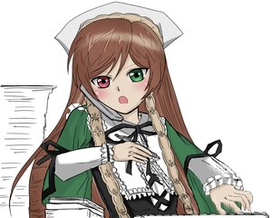 Rating: Safe Score: 0 Tags: 1girl :o black_ribbon blush brown_hair dress frills green_dress green_eyes heterochromia image long_hair long_sleeves looking_at_viewer open_mouth red_eyes ribbon solo suiseiseki upper_body very_long_hair white_background User: admin