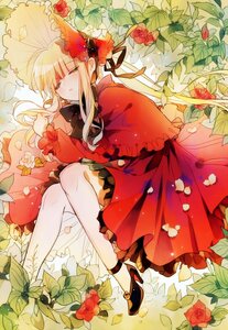 Rating: Safe Score: 0 Tags: 1girl blonde_hair bonnet closed_eyes dress flower hat image leaf long_hair lying on_side red_dress red_flower red_rose rose shinku sleeping solo thighhighs User: admin