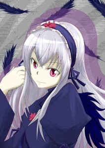 Rating: Safe Score: 0 Tags: 1girl black_wings dress feathers flower frills hairband image juliet_sleeves long_hair long_sleeves looking_at_viewer pink_eyes puffy_sleeves rose silver_hair smile solo suigintou upper_body wings User: admin