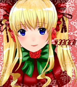 Rating: Safe Score: 0 Tags: 1girl blonde_hair blue_eyes blush bow bowtie flower green_bow image long_hair looking_at_viewer portrait rose shinku smile solo twintails upper_body User: admin