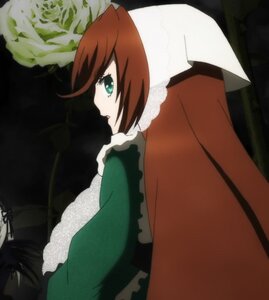 Rating: Safe Score: 0 Tags: 1girl apron brown_hair dress frills green_eyes head_scarf image long_sleeves looking_back open_mouth plant profile solo suiseiseki User: admin