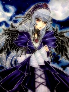 Rating: Safe Score: 0 Tags: 1girl black_wings dress flower frills full_moon hairband image long_hair long_sleeves looking_at_viewer moon night red_eyes rose silver_hair solo suigintou traditional_media wings User: admin