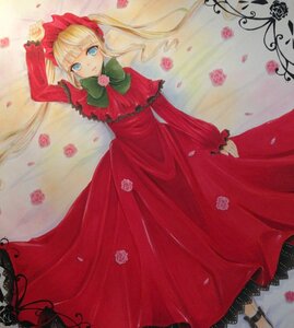 Rating: Safe Score: 0 Tags: 1girl blonde_hair blue_eyes bow bowtie dress flower green_bow image long_hair long_sleeves looking_at_viewer lying on_back petals red_dress rose shinku solo twintails User: admin