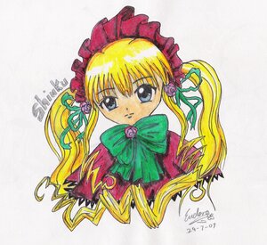 Rating: Safe Score: 0 Tags: 1girl blonde_hair blue_eyes bonnet bow bowtie dated flower green_bow image long_hair looking_at_viewer marker_(medium) pink_rose shinku simple_background solo traditional_media twintails white_background User: admin