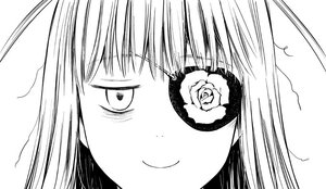 Rating: Safe Score: 0 Tags: 1girl bangs barasuishou flower greyscale image looking_at_viewer monochrome rose simple_background smile solo white_background User: admin