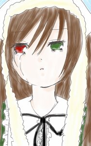 Rating: Safe Score: 0 Tags: 1girl bangs black_ribbon brown_hair crying crying_with_eyes_open dress green_eyes head_scarf image looking_at_viewer neck_ribbon ribbon solo suiseiseki tears User: admin