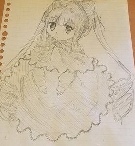 Rating: Safe Score: 0 Tags: 1girl bonnet dress drill_hair hairband image long_hair long_sleeves looking_at_viewer monochrome photo ringlets shinku simple_background solo standing traditional_media twin_drills twintails very_long_hair User: admin