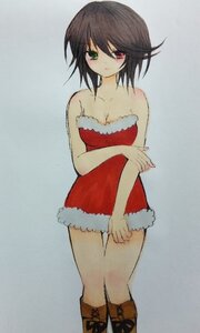 Rating: Safe Score: 0 Tags: 1girl bare_shoulders black_hair boots breasts cleavage dress fur_trim green_eyes heterochromia image medium_breasts no_eyepatch red_eyes santa_costume short_dress short_hair solo souseiseki standing strapless strapless_dress User: admin
