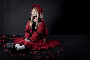 Rating: Safe Score: 0 Tags: 1girl blonde_hair blue_eyes bonnet doll_joints dress flower joints long_hair petals red_dress rose rose_petals shinku sitting solo User: admin