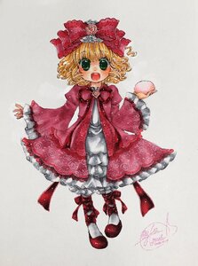 Rating: Safe Score: 0 Tags: 1girl apple blonde_hair bow dress food frills fruit full_body green_eyes hina_ichigo hinaichigo image long_sleeves open_mouth pantyhose pink_bow red_dress shoes short_hair smile solo User: admin