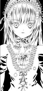 Rating: Safe Score: 0 Tags: 1girl closed_mouth dress eyebrows_visible_through_hair greyscale hair_ribbon image long_hair looking_at_viewer monochrome ribbon simple_background smile solo suigintou upper_body white_background User: admin