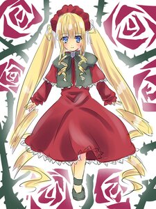 Rating: Safe Score: 0 Tags: 1girl blonde_hair blue_eyes blush bow bowtie capelet dress flower full_body image long_hair long_sleeves looking_at_viewer red_dress red_flower red_rose rose shinku shoes smile solo standing twintails very_long_hair User: admin