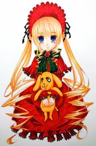 Rating: Safe Score: 0 Tags: 1girl blonde_hair blue_eyes bonnet bow bowtie dress flower holding image long_hair long_sleeves looking_at_viewer rose shinku sidelocks solo twintails very_long_hair User: admin