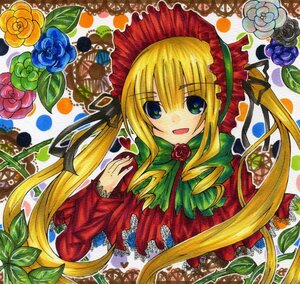 Rating: Safe Score: 0 Tags: 1girl blonde_hair blue_eyes bonnet bow bowtie drill_hair flower food fruit hair_ribbon heart image long_hair looking_at_viewer marker_(medium) open_mouth red_capelet ribbon rose shikishi shinku smile solo traditional_media twintails User: admin