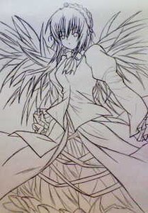 Rating: Safe Score: 0 Tags: 1girl dress feathered_wings image long_hair long_sleeves looking_at_viewer monochrome simple_background solo suigintou very_long_hair wings User: admin