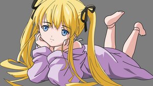 Rating: Safe Score: 0 Tags: 1girl bare_shoulders barefoot black_ribbon blonde_hair blue_eyes chin_rest hair_ribbon image long_hair looking_at_viewer lying on_stomach ribbon shinku solo striped the_pose twintails very_long_hair User: admin