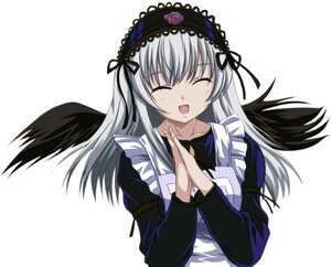 Rating: Safe Score: 3 Tags: 1girl :d black_wings closed_eyes dress frills hairband hands_clasped image juliet_sleeves long_hair long_sleeves open_mouth own_hands_together rose silver_hair simple_background smile solo suigintou upper_body white_background wings User: admin