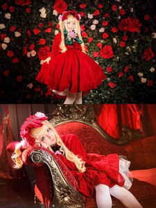 Rating: Safe Score: 0 Tags: 1girl blonde_hair blue_eyes dress flower long_hair looking_at_viewer pink_rose red_dress red_flower red_rose red_theme rose shinku sitting solo thorns User: admin