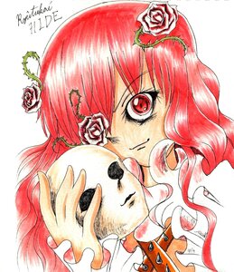 Rating: Safe Score: 0 Tags: flower hair_ornament image kirakishou marker_(medium) pink_hair red_eyes red_flower red_hair red_rose rose solo thorns traditional_media white_background User: admin