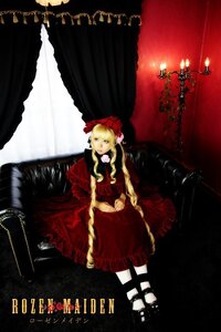 Rating: Safe Score: 0 Tags: 1girl blonde_hair bonnet curtains dress flower long_sleeves red_dress rose shinku shoes sitting solo User: admin