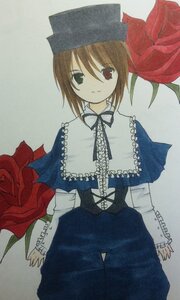 Rating: Safe Score: 0 Tags: 1girl blue_dress brown_hair capelet closed_mouth dress expressionless flower hat heterochromia image long_sleeves looking_at_viewer red_eyes short_hair simple_background solo souseiseki standing User: admin