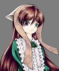 Rating: Safe Score: 0 Tags: 1girl brown_hair closed_mouth dress flower frills frown green_dress green_eyes head_scarf heterochromia image long_hair long_sleeves looking_at_viewer rose solo suiseiseki tattoo very_long_hair User: admin