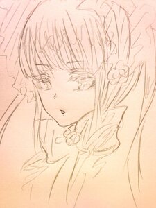 Rating: Safe Score: 0 Tags: 1girl bangs blush dress eyebrows_visible_through_hair flower hair_flower hair_ornament image long_hair looking_at_viewer monochrome rose shinku simple_background sketch solo traditional_media veil User: admin