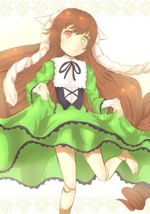 Rating: Safe Score: 0 Tags: 1girl barefoot brown_hair dress frills green_eyes heterochromia image long_hair long_sleeves looking_at_viewer red_eyes ribbon smile solo suiseiseki very_long_hair User: admin