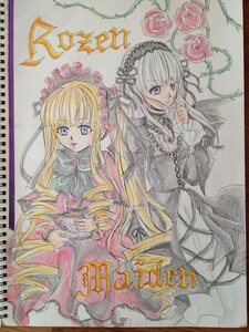 Rating: Safe Score: 0 Tags: 2girls blonde_hair blue_eyes bonnet bow colored_pencil_(medium) dress drill_hair flower frills hairband image long_hair long_sleeves looking_at_viewer marker_(medium) multiple_girls pair purple_eyes rose shikishi shinku simple_background suigintou traditional_media watercolor_(medium) User: admin