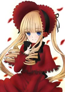 Rating: Safe Score: 0 Tags: 1girl blonde_hair blue_eyes blush bonnet bow dress drill_hair flower image long_hair long_sleeves looking_at_viewer petals red_dress rose rose_petals shinku smile solo twintails white_background User: admin