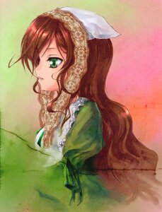 Rating: Safe Score: 0 Tags: 1girl brown_hair dress from_side green_dress green_eyes head_scarf image long_hair profile simple_background solo suiseiseki upper_body User: admin