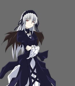 Rating: Safe Score: 0 Tags: 1girl black_dress cowboy_shot dress frills grey_background hairband image juliet_sleeves long_hair long_sleeves looking_at_viewer pink_eyes puffy_sleeves red_eyes silver_hair simple_background solo standing suigintou wings User: admin