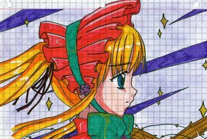 Rating: Safe Score: 0 Tags: 1990s_(style) 1girl blonde_hair blue_eyes bow brick_wall chain-link_fence fence flower hat honeycomb_(pattern) image long_hair plaid plaid_background profile rose shinku silk solo sparkle spider_web tile_floor tile_wall tiles traditional_media User: admin