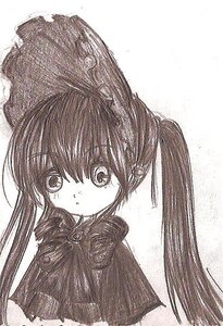 Rating: Safe Score: 0 Tags: 1girl bangs capelet closed_mouth eyebrows_visible_through_hair image long_hair looking_at_viewer monochrome shinku simple_background solo traditional_media twintails upper_body white_background User: admin