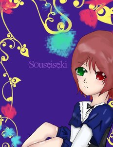 Rating: Safe Score: 0 Tags: 1girl dress green_eyes heterochromia image long_sleeves looking_at_viewer purple_background red_eyes short_hair simple_background sitting solo souseiseki User: admin