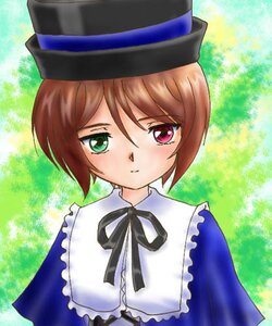 Rating: Safe Score: 0 Tags: 1girl blue_dress blush brown_hair dress green_background green_eyes hat heterochromia image long_sleeves looking_at_viewer red_eyes ribbon short_hair solo souseiseki upper_body User: admin