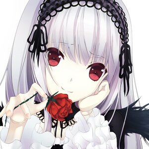 Rating: Safe Score: 0 Tags: 1girl bangs black_ribbon closed_mouth doll_joints dress eyebrows_visible_through_hair flower frills gothic_lolita hairband holding holding_flower image joints lolita_fashion long_hair looking_at_viewer red_eyes red_flower red_rose ribbon rose silver_hair simple_background smile solo suigintou white_background User: admin