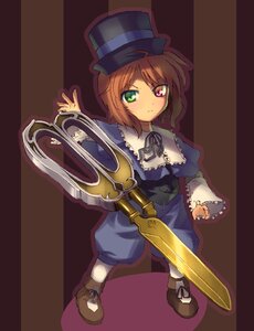 Rating: Safe Score: 0 Tags: 1girl blue_dress brown_hair dress frills full_body green_eyes hat heterochromia image long_sleeves looking_at_viewer pants red_eyes ribbon short_hair simple_background solo souseiseki standing top_hat weapon User: admin