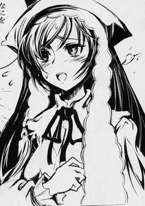 Rating: Safe Score: 0 Tags: 1girl blush flying_sweatdrops greyscale image long_hair looking_at_viewer monochrome neck_ribbon open_mouth ribbon solo suiseiseki upper_body User: admin