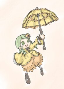 Rating: Safe Score: 0 Tags: 1girl dress full_body green_eyes green_hair hair_ornament holding_umbrella image kanaria komeiji_koishi long_sleeves open_mouth parasol smile solo umbrella User: admin