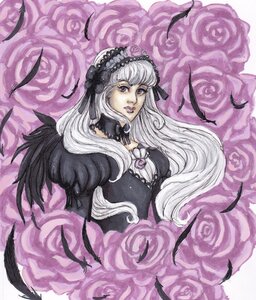 Rating: Safe Score: 0 Tags: 1girl feathers flower gothic_lolita image lolita_fashion long_hair pink_flower pink_rose purple_flower purple_rose rose silver_hair solo suigintou traditional_media very_long_hair white_hair User: admin