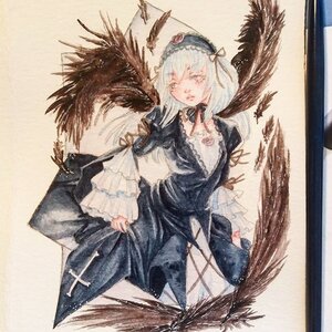 Rating: Safe Score: 0 Tags: 1girl bird black_wings closed_eyes dress feathered_wings feathers flower frills hairband image long_sleeves puffy_sleeves ribbon rose silver_hair solo suigintou traditional_media watercolor_(medium) wings User: admin