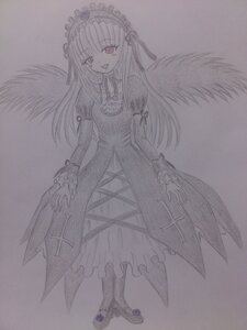 Rating: Safe Score: 0 Tags: 1girl dress feathered_wings frills full_body hairband image lolita_hairband long_hair long_sleeves looking_at_viewer monochrome open_mouth smile solo standing suigintou traditional_media wings User: admin