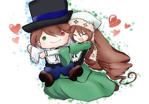 Rating: Safe Score: 0 Tags: 1boy >_< braid brown_hair chibi closed_eyes green_eyes hat heart hug image long_hair open_mouth pair siblings sisters smile souseiseki suiseiseki top_hat twins User: admin