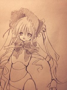 Rating: Safe Score: 0 Tags: 1girl dress hat image long_hair looking_at_viewer monochrome open_mouth shinku smile solo traditional_media twintails very_long_hair User: admin