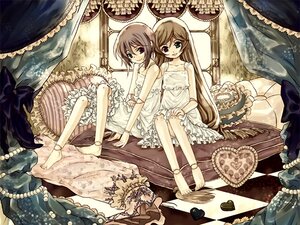 Rating: Safe Score: 0 Tags: barefoot bed bloomers brown_hair checkered checkered_background checkered_floor curtains dress feet frills green_eyes image long_hair multiple_girls pair pillow ribbon short_hair siblings sisters sitting smile souseiseki suiseiseki twins underwear window User: admin