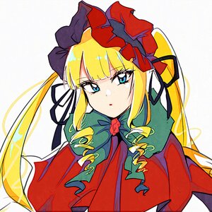 Rating: Safe Score: 0 Tags: 1girl bangs blonde_hair blue_eyes bonnet bow capelet dress drill_hair eyebrows_visible_through_hair image long_hair long_sleeves looking_at_viewer red_capelet red_dress shinku simple_background solo twintails upper_body white_background User: admin
