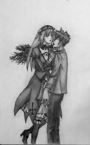 Rating: Safe Score: 0 Tags: 1boy 1girl boots couple dress greyscale high_heels image kiss long_hair monochrome ribbon solo suigintou User: admin